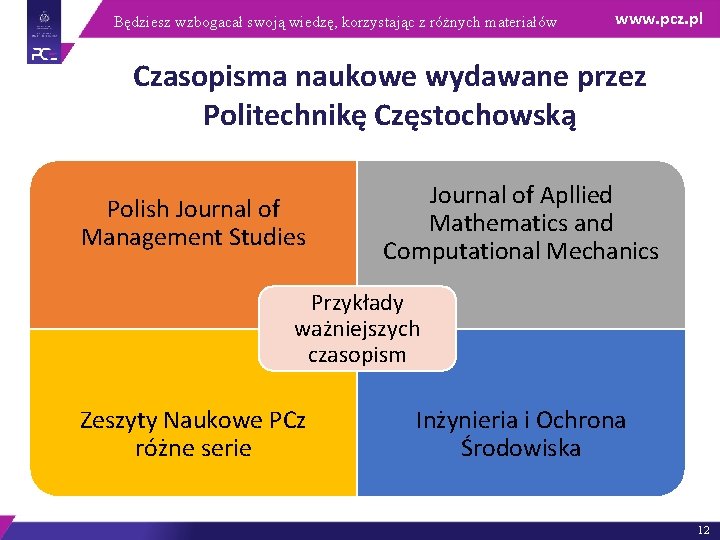 Będziesz wzbogacał swoją wiedzę, korzystając z różnych materiałów www. pcz. pl Czasopisma naukowe wydawane