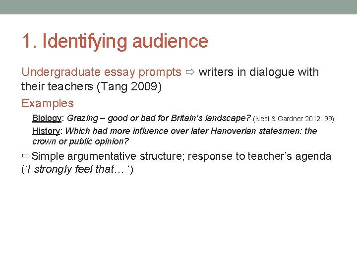1. Identifying audience Undergraduate essay prompts writers in dialogue with their teachers (Tang 2009)