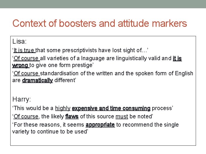 Context of boosters and attitude markers Lisa: ‘It is true that some prescriptivists have