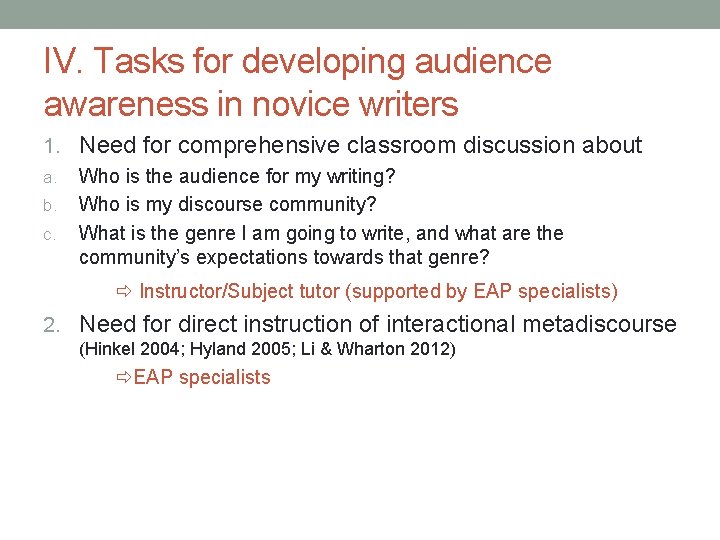 IV. Tasks for developing audience awareness in novice writers 1. Need for comprehensive classroom