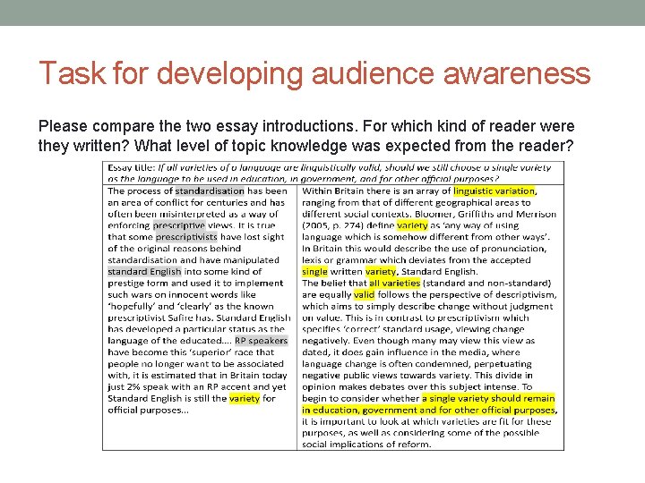 Task for developing audience awareness Please compare the two essay introductions. For which kind