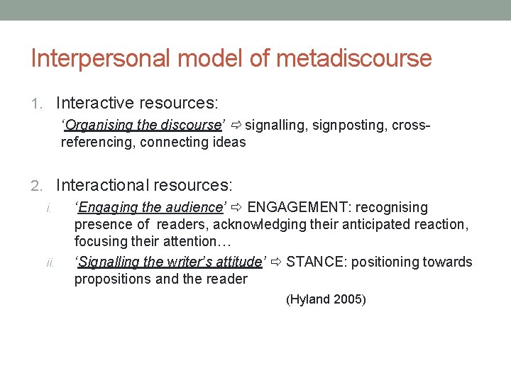 Interpersonal model of metadiscourse 1. Interactive resources: ‘Organising the discourse’ signalling, signposting, crossreferencing, connecting