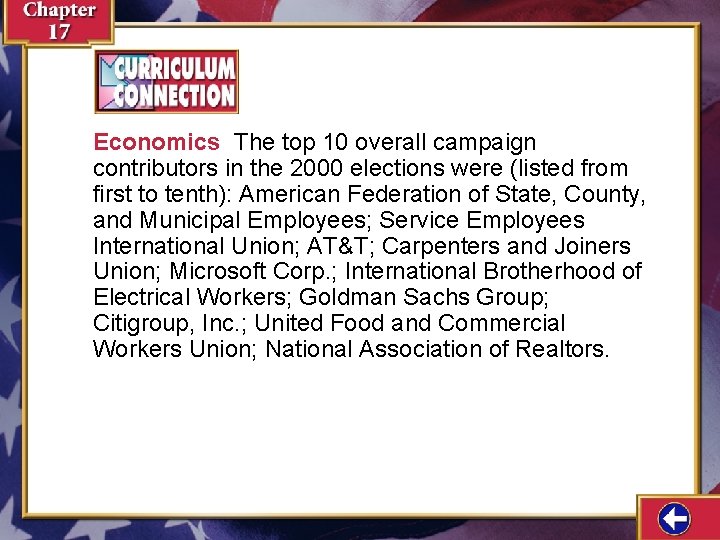 Economics The top 10 overall campaign contributors in the 2000 elections were (listed from