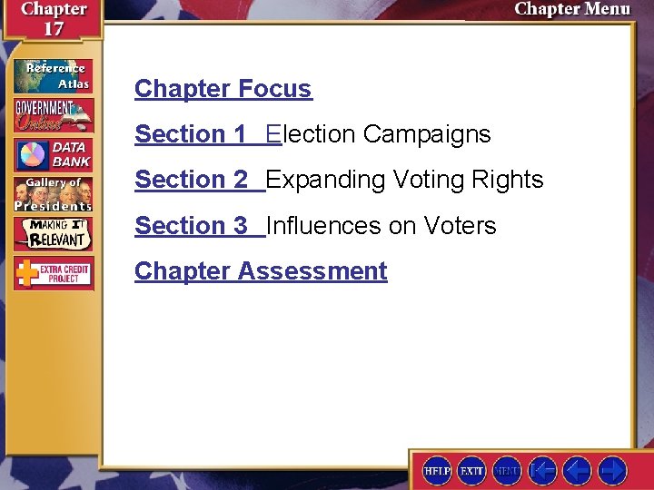 Chapter Focus Section 1 Election Campaigns Section 2 Expanding Voting Rights Section 3 Influences