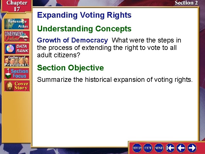 Expanding Voting Rights Understanding Concepts Growth of Democracy What were the steps in the