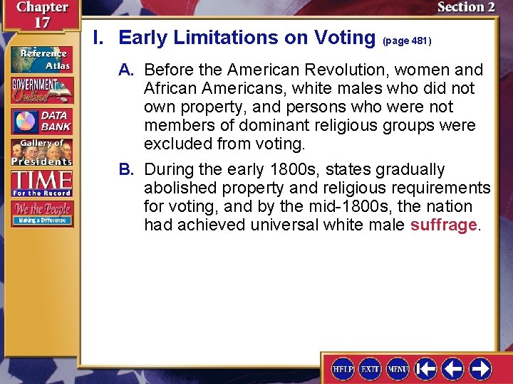 I. Early Limitations on Voting (page 481) A. Before the American Revolution, women and