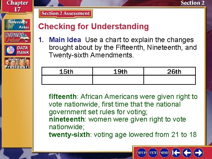 Checking for Understanding 1. Main Idea Use a chart to explain the changes brought