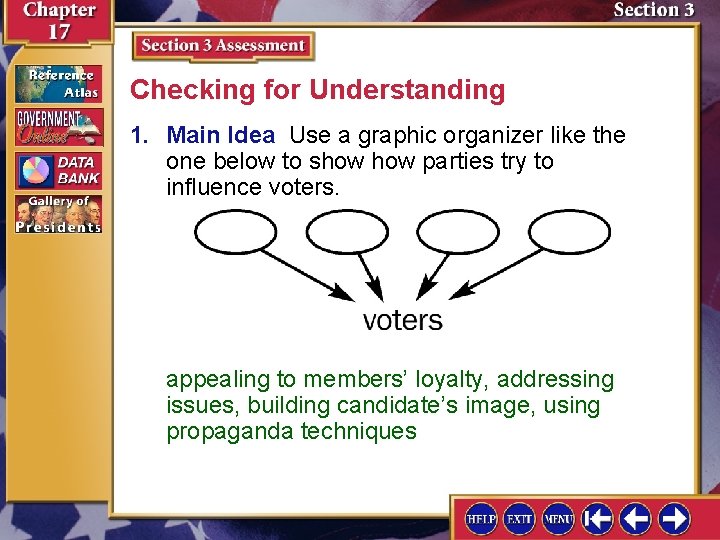 Checking for Understanding 1. Main Idea Use a graphic organizer like the one below