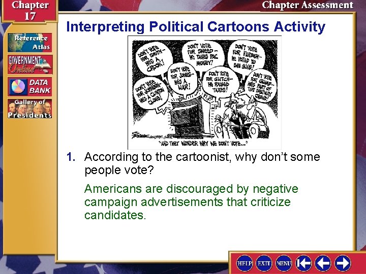 Interpreting Political Cartoons Activity 1. According to the cartoonist, why don’t some people vote?