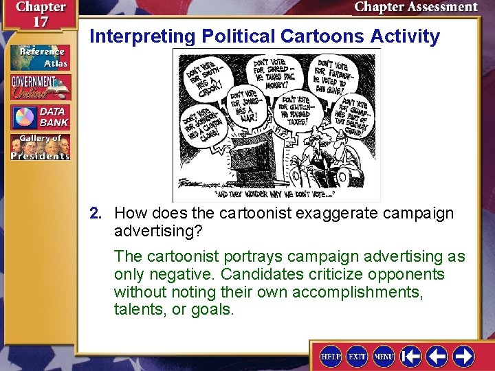Interpreting Political Cartoons Activity 2. How does the cartoonist exaggerate campaign advertising? The cartoonist