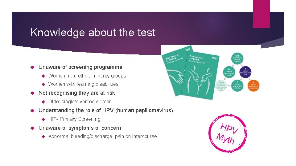 Knowledge about the test Unaware of screening programme Women from ethnic minority groups Women