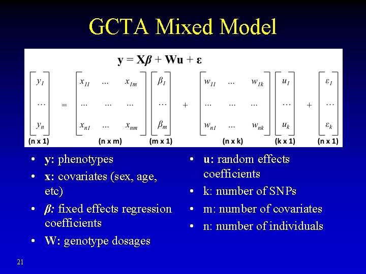GCTA Mixed Model • y: phenotypes • x: covariates (sex, age, etc) • β: GCTA Mixed Model • y: phenotypes • x: covariates (sex, age, etc) • β: