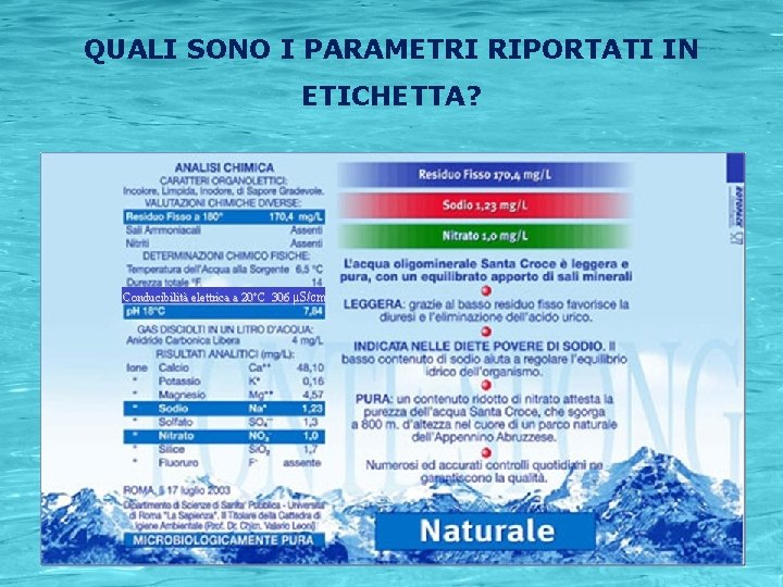 QUALI SONO I PARAMETRI RIPORTATI IN ETICHETTA? Conducibilità elettrica a 20°C 306 µS/cm 