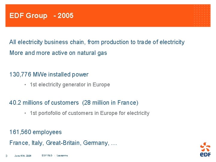 EDF Group - 2005 All electricity business chain, from production to trade of electricity