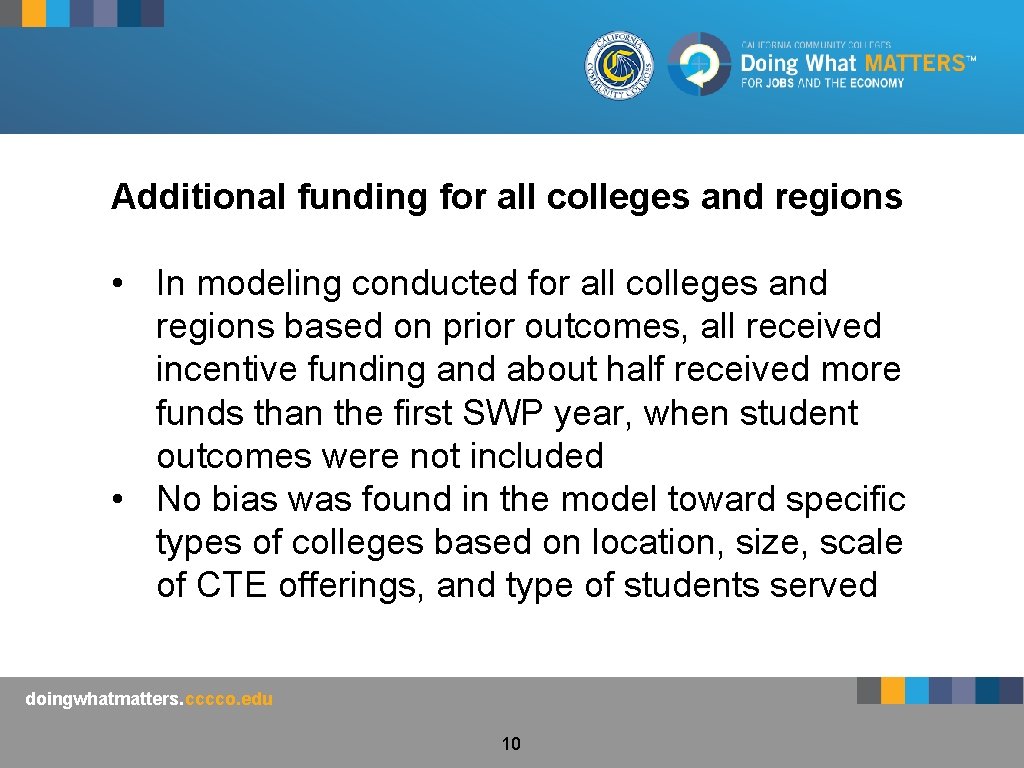 Additional funding for all colleges and regions • In modeling conducted for all colleges