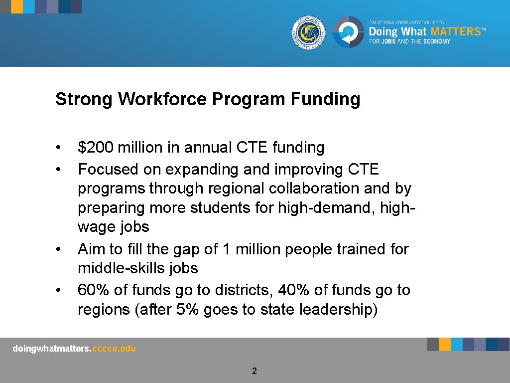 Strong Workforce Program Funding • • $200 million in annual CTE funding Focused on