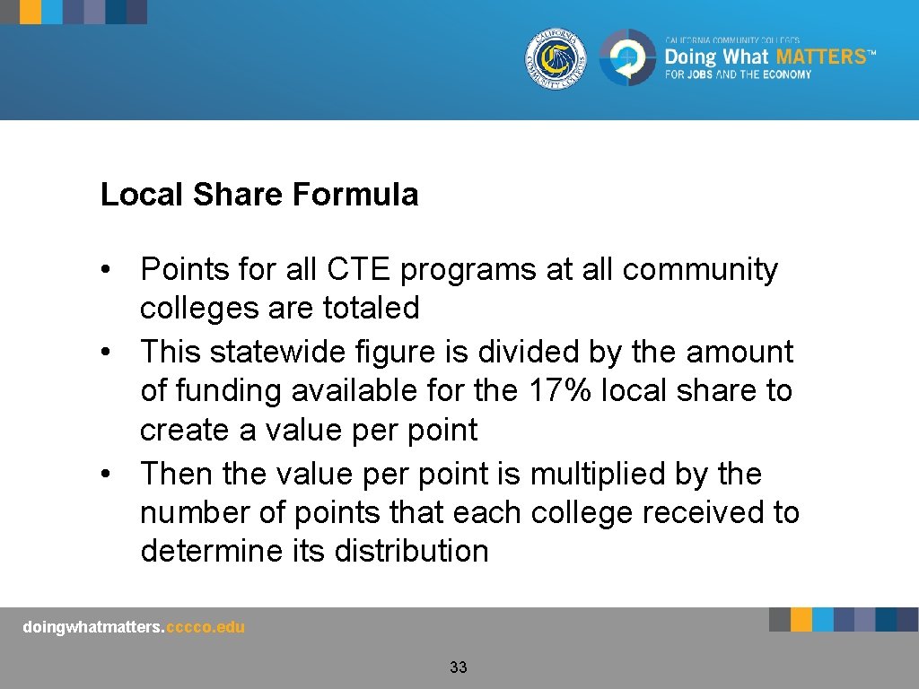 Local Share Formula • Points for all CTE programs at all community colleges are