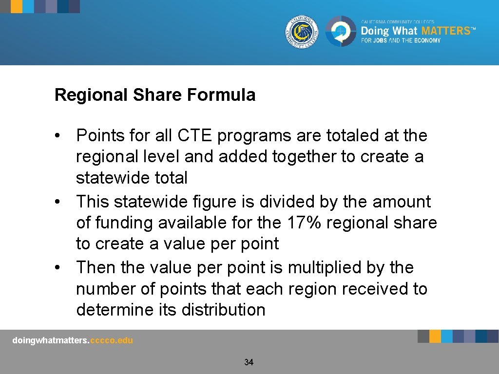 Regional Share Formula • Points for all CTE programs are totaled at the regional