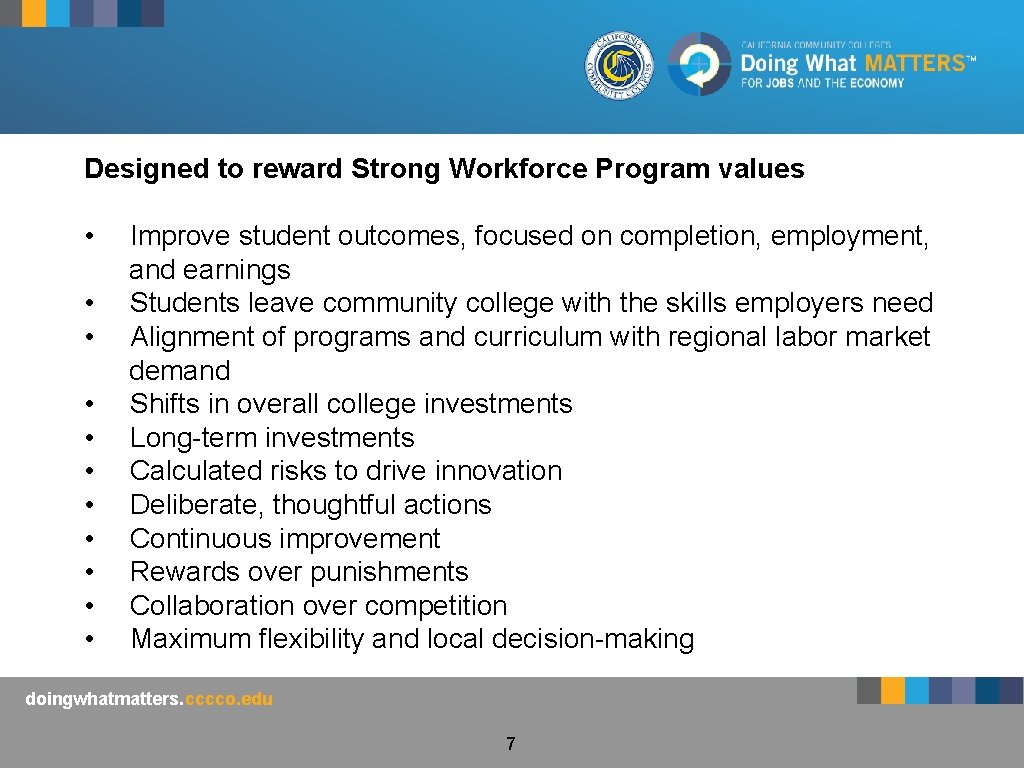 Designed to reward Strong Workforce Program values • • • Improve student outcomes, focused