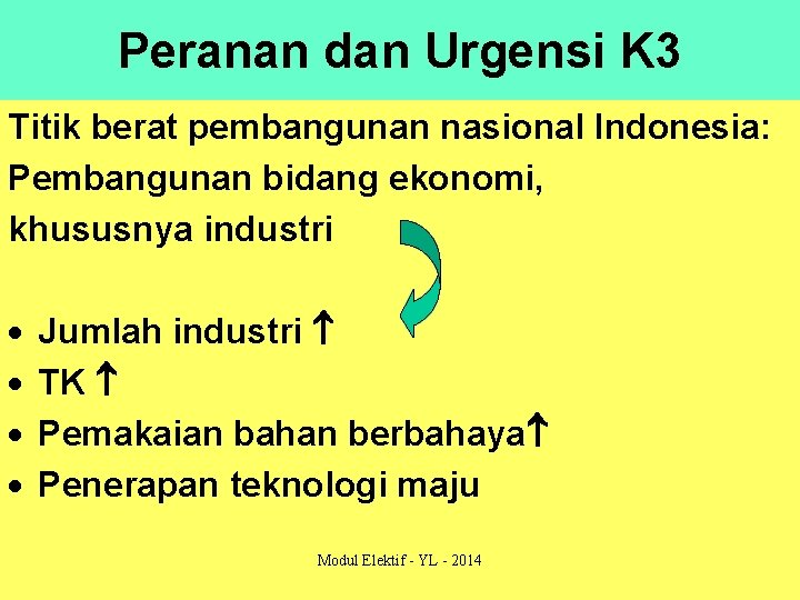 Peranan dan Urgensi K 3 Titik berat pembangunan nasional Indonesia: Pembangunan bidang ekonomi, khususnya