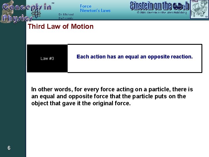 Force Newton’s Laws Third Law of Motion Law #3 Each action has an equal