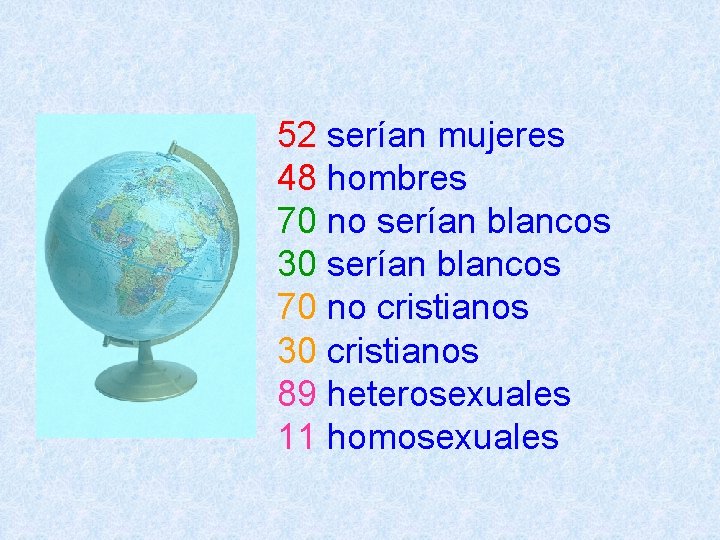 52 serían mujeres 48 hombres 70 no serían blancos 30 serían blancos 70 no