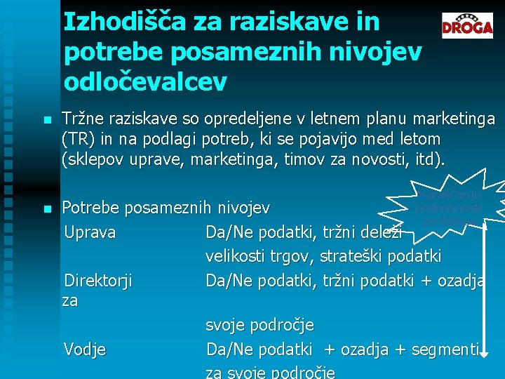 Izhodišča za raziskave in potrebe posameznih nivojev odločevalcev n n Tržne raziskave so opredeljene Izhodišča za raziskave in potrebe posameznih nivojev odločevalcev n n Tržne raziskave so opredeljene