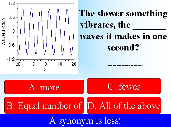 The slower something vibrates, the _______ waves it makes in one second? http: //www.