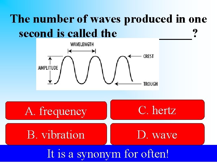 The number of waves produced in one second is called the ______? A. frequency