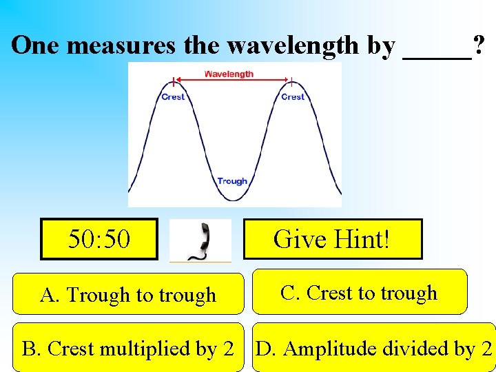 One measures the wavelength by _____? 50: 50 A. Trough to trough Give Hint!