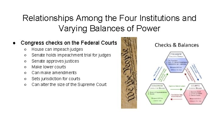 Relationships Among the Four Institutions and Varying Balances of Power ● Congress checks on