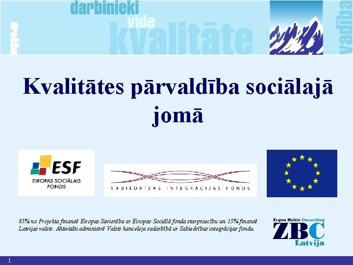 Kvalitātes pārvaldība sociālajā jomā 85% no Projekta finansē Eiropas Savienība ar Eiropas Sociālā fonda