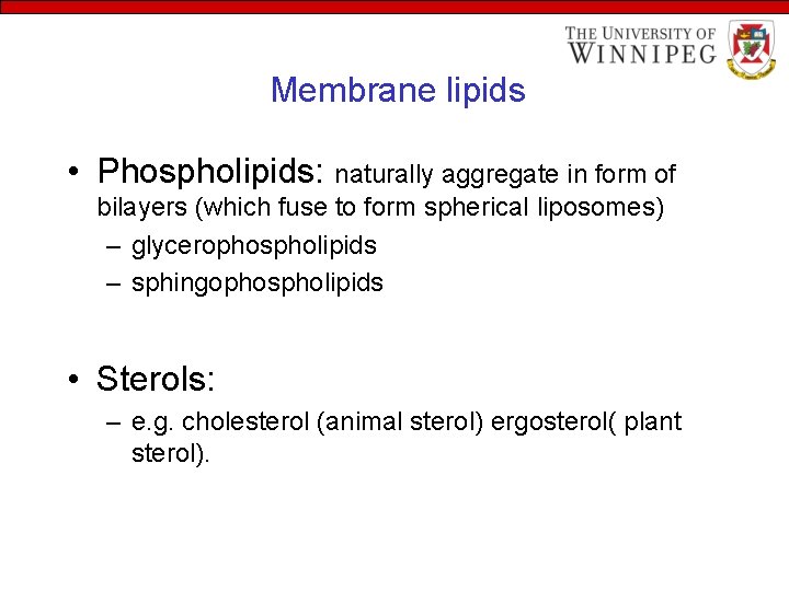 Membrane lipids • Phospholipids: naturally aggregate in form of bilayers (which fuse to form