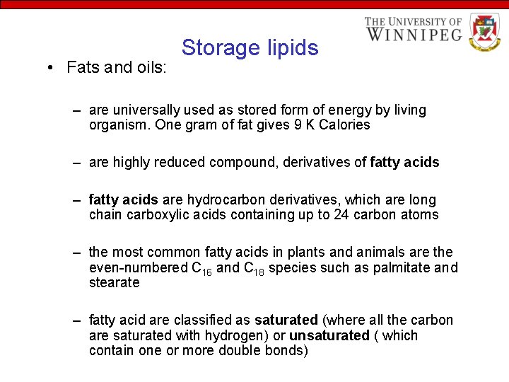  • Fats and oils: Storage lipids – are universally used as stored form