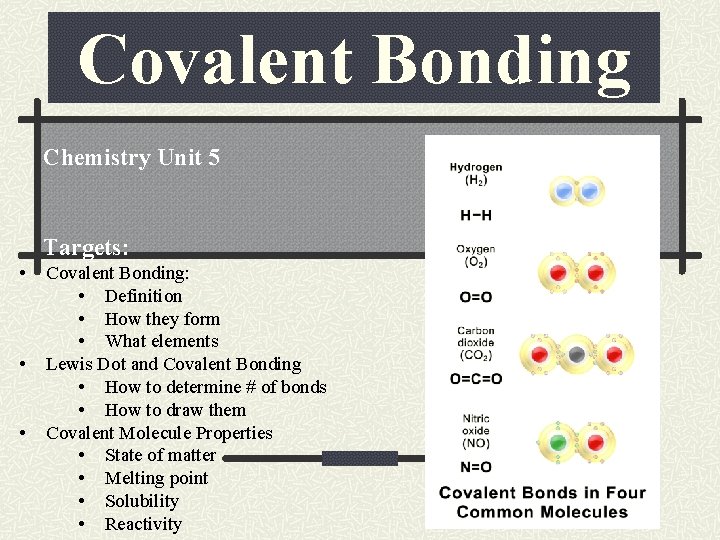 Covalent Bonding Chemistry Unit 5 Targets: • • • Covalent Bonding: • Definition •