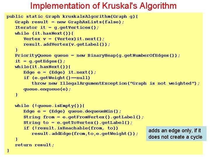 Implementation of Kruskal's Algorithm public static Graph kruskals. Algorithm(Graph g){ Graph result = new