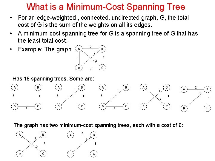 What is a Minimum-Cost Spanning Tree • For an edge-weighted , connected, undirected graph,