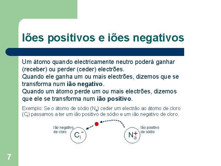 Iões positivos e iões negativos Um átomo quando electricamente neutro poderá ganhar (receber) ou Iões positivos e iões negativos Um átomo quando electricamente neutro poderá ganhar (receber) ou