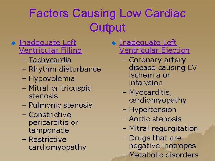 Factors Causing Low Cardiac Output u Inadequate Left Ventricular Filling – Tachycardia – Rhythm Factors Causing Low Cardiac Output u Inadequate Left Ventricular Filling – Tachycardia – Rhythm