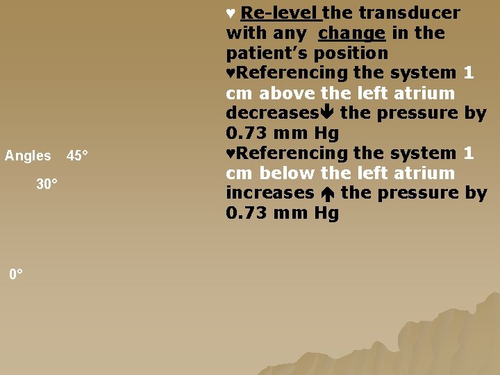 Angles 30° 0° 45° ♥ Re-level the transducer with any change in the patient’s Angles 30° 0° 45° ♥ Re-level the transducer with any change in the patient’s