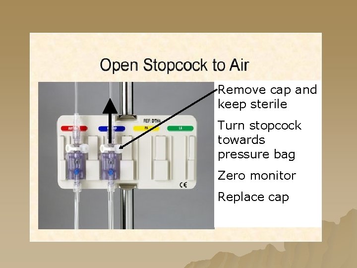 Remove cap and keep sterile Turn stopcock towards pressure bag Zero monitor Replace cap Remove cap and keep sterile Turn stopcock towards pressure bag Zero monitor Replace cap