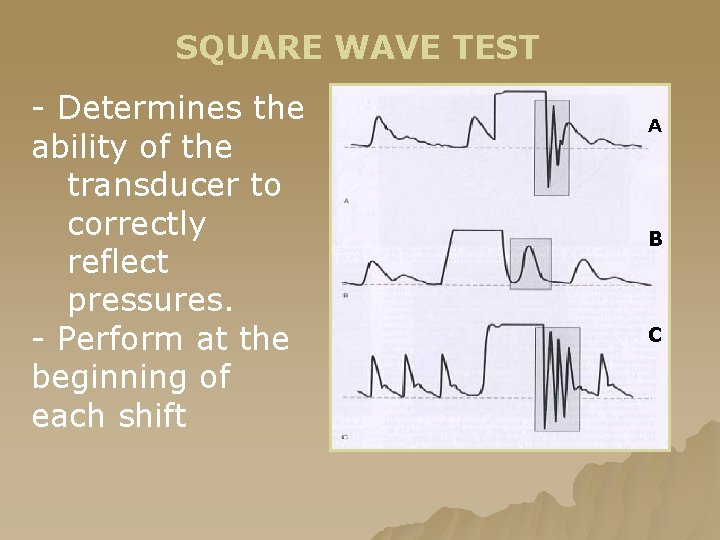 SQUARE WAVE TEST - Determines the ability of the transducer to correctly reflect pressures. SQUARE WAVE TEST - Determines the ability of the transducer to correctly reflect pressures.
