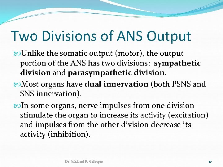 Two Divisions of ANS Output Unlike the somatic output (motor), the output portion of