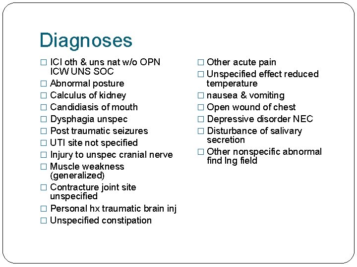 Diagnoses � ICI oth & uns nat w/o OPN ICW UNS SOC � Abnormal