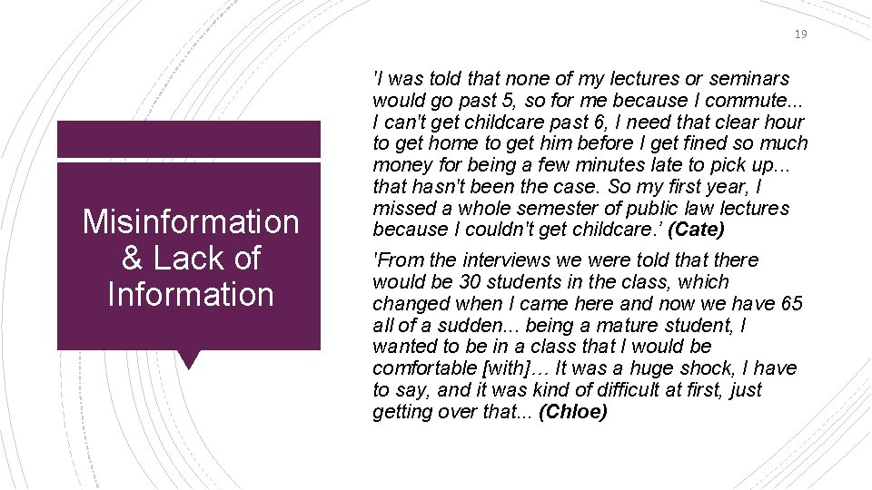 19 Misinformation & Lack of Information 'I was told that none of my lectures