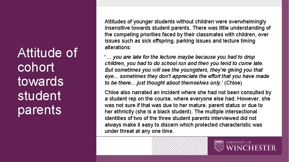 Attitude of cohort towards student parents Attitudes of younger students without children were overwhelmingly