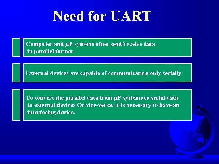 Need for UART Computer and m. P systems often send/receive data in parallel format