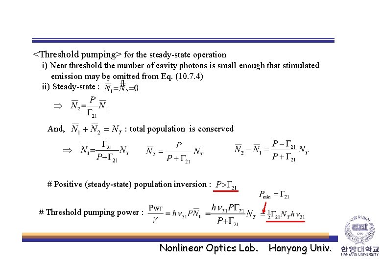 <Threshold pumping> for the steady-state operation i) Near threshold the number of cavity photons