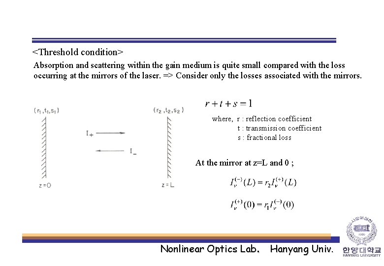 <Threshold condition> Absorption and scattering within the gain medium is quite small compared with