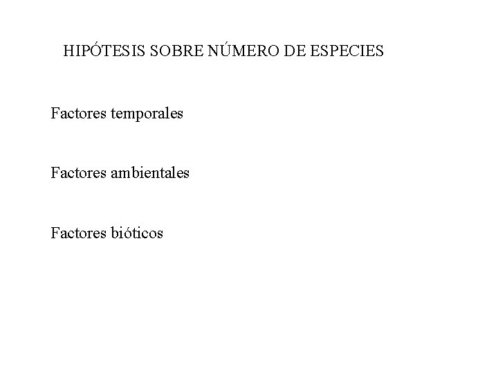 HIPÓTESIS SOBRE NÚMERO DE ESPECIES Factores temporales Factores ambientales Factores bióticos 